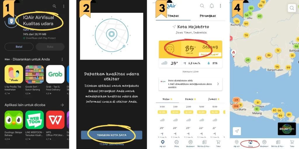 Gambar cara menggunakan aplikasi pintar IQAir